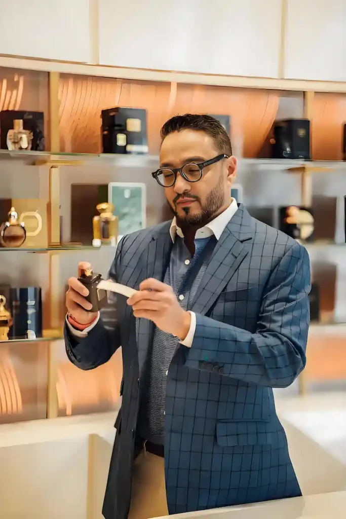 Abdulla Ajmal is checking his perfume line in the boutique
